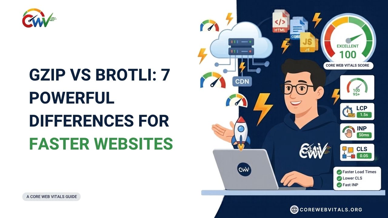 Gzip vs Brotli comparison highlighting 7 key differences in compression efficiency, file size reduction, transfer speed, and website performance optimization.