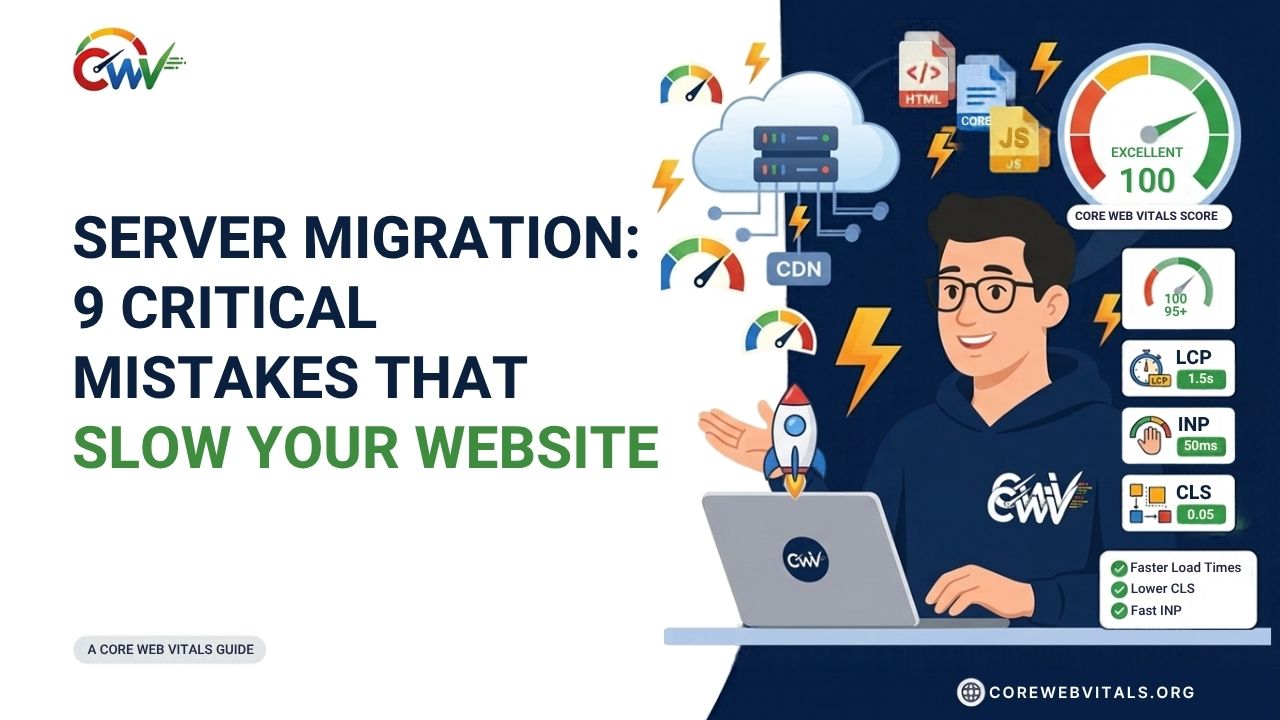 Server migration mistakes that slow down website performance, highlighting 9 critical issues affecting loading speed, server configuration, downtime, and Core Web Vitals.