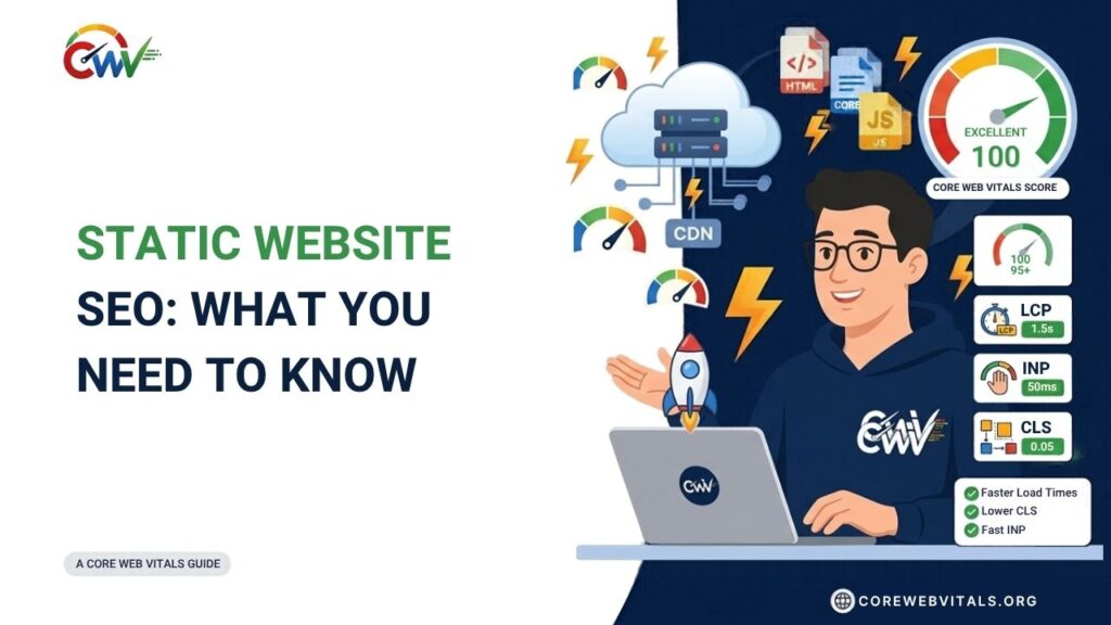Static website SEO guide illustrating search engine optimization essentials, including fast loading speed, crawlability, metadata, structured content, and Core Web Vitals. Static Website SEO: What You Need to Know Static Website SEO,Static Website,Static HTML,Canonical URLs,technical SEO,internal linking,XML sitemaps,sitemaps,SEO problem,predictable URL Static website SEO guide illustrating search engine optimization essentials, including fast loading speed, crawlability, metadata, structured content, and Core Web Vitals.