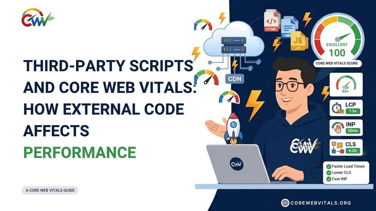 Third-party scripts and Core Web Vitals showing how external code, analytics, ads, and tracking tools affect website speed, loading performance, and responsiveness.