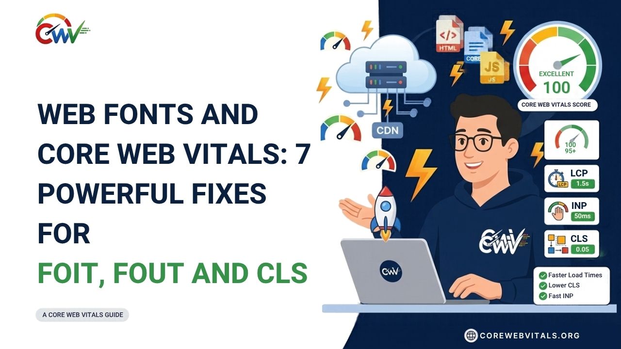 Web fonts and Core Web Vitals optimization showing 7 fixes for FOIT, FOUT, and CLS to improve font loading, reduce layout shifts, and enhance website performance.