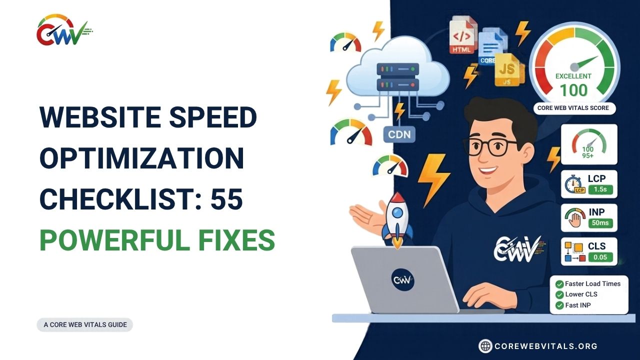 Website speed optimization checklist featuring 55 powerful fixes to improve loading time, optimize images, reduce server response delays, and enhance Core Web Vitals.
