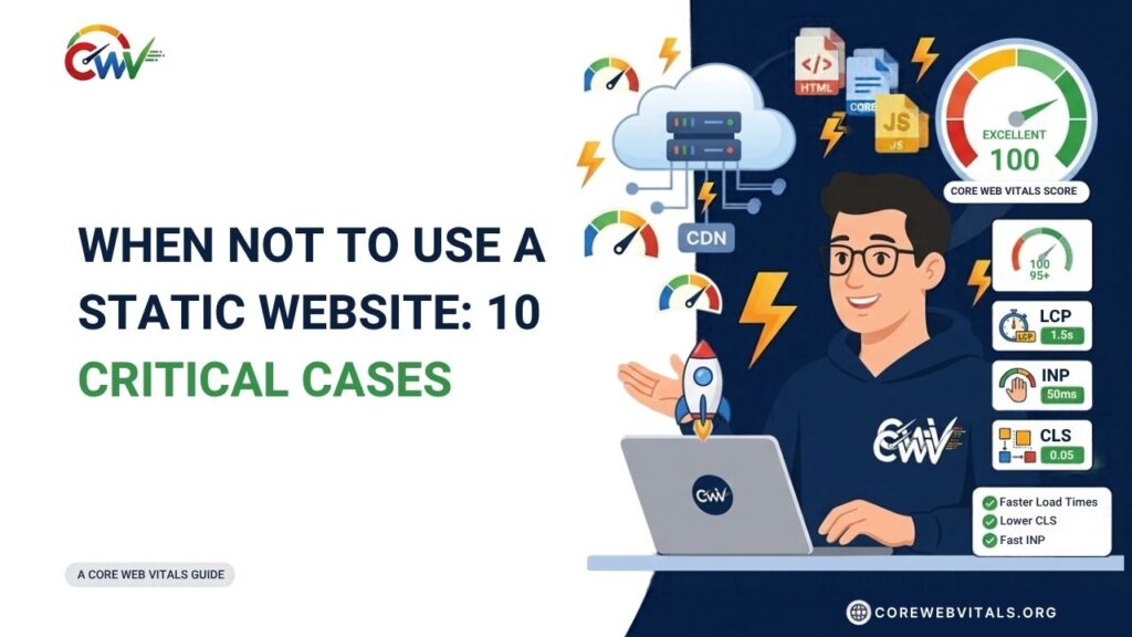 When not to use a static website, illustrating 10 critical cases where dynamic content, real-time updates, user accounts, or complex database functionality are required.
