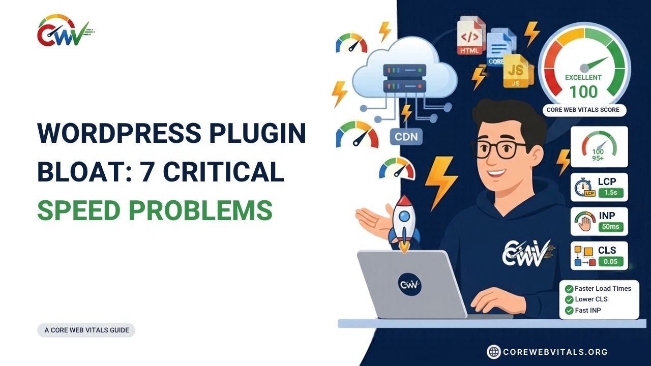 WordPress plugin bloat highlighting 7 critical speed problems caused by excessive plugins, unnecessary scripts, database overhead, and reduced website performance.